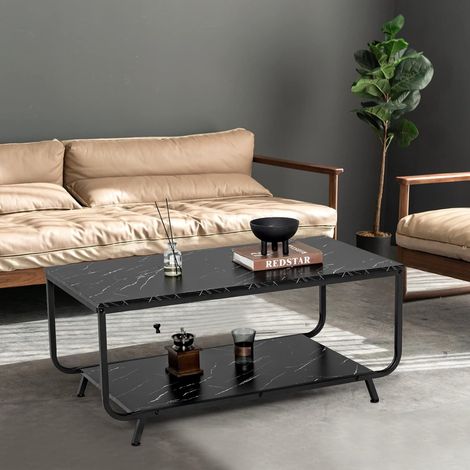 COSTWAY Tavolino da Salotto 2 Livelli, Tavolino da caffè in Finto Marmo con Gambe e Cuscinetti Antiscivolo, Tavolino Moderno per Soggiorno, Ufficio e Studio, 105 x 55 x 46,5cm, Portata 50 kg, Nero (1/5)
