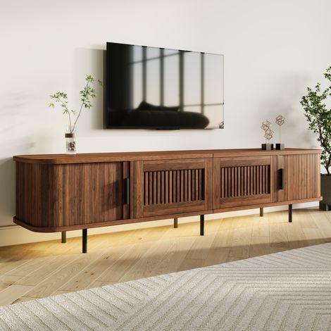 Meuble tv - 180 x 40 x 44,5 cm - portes coulissantes, tiroirs grillagés, éclairage led app, pieds en fer - style scandinave moderne - mdf - noyer (1/5)