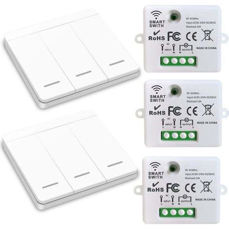 Drahtloser Lichtschalter. RF-Sender-Sicherheitsschalter und 10A-Empfängersteuerung. einfache Installation für Lampen bis 1500W (3 Empfänger und 2 Schalter)