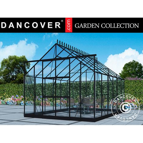 Gewächshaus aus Glas 3x3,68x2,6m mit Sockel und Krone, 11,04m², Schwarz - Dancover