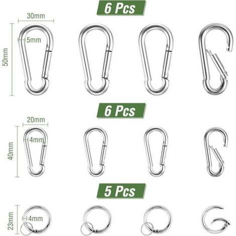 17 PCS Mousquetons, Mousqueton en Acier Inoxydable 304, Chargeable Jusqu'à 80 kg, Petit Mousqueton(440/5 50mm), Mousqueton Rond (1/4)