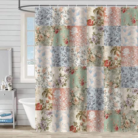 Rideau de salle de bain 180×200 cm – style bohème – imprimé fleurs rétro – tissu imperméable – accessoires inclus (1/5)