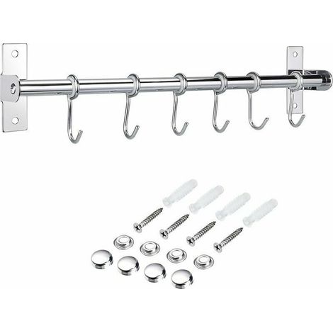 Barre de Crédence Cuisine en Acier INOX avec 6 Crochets Amovible pour Suspendre Les Ustensiles de Cuisine -Cuillère à Soup, Casserole etc.