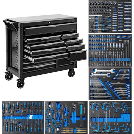 Carro de taller grande de 13 cajones con bandeja de acero inoxidable, Edición XXL con 6 módulos de herramientas AZUL (1/5)