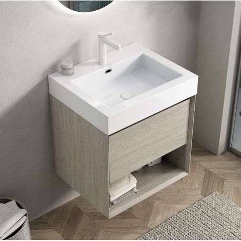 Meuble vasque de salle de bain mural avec 1 tiroir et 1 étagère, vasque en résine blanche, chêne clair et blanc (1/5)