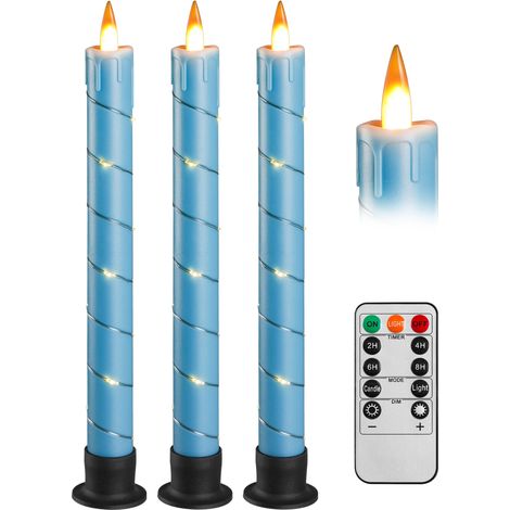 3er-Pack batteriebetriebene, flackernde, flammenlose Spitzkerzen mit Fernbedienung und dynamischer 3D-Zeit-LED, 24 cm für Hochzeit, Party, Heimdekoration (blau)