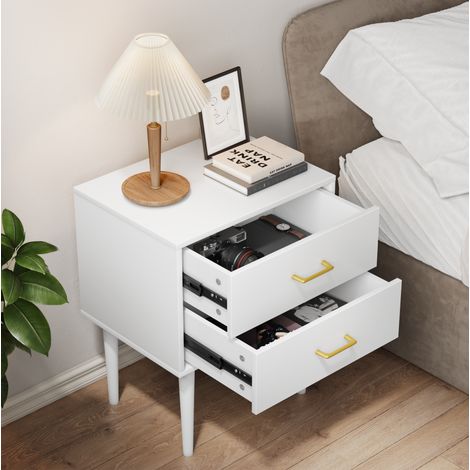 Comodino moderno bianco in MDF e truciolare con 2 cassetti e gambe effetto legno, piano 50 x 37 cm (1/5)