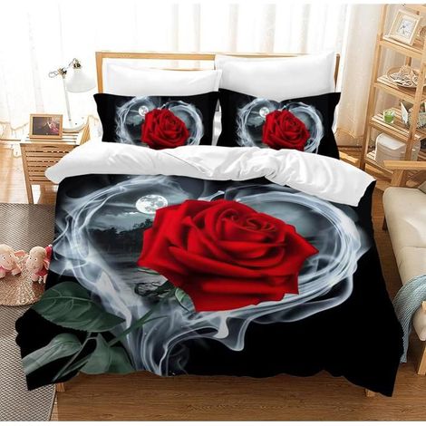 Parure de lit 3D Rouge Rose en Microfibre avec Housse de Couette et 2 taies d'oreiller en Microfibre pour Adultes 240x260 cm - L72 (1/4)