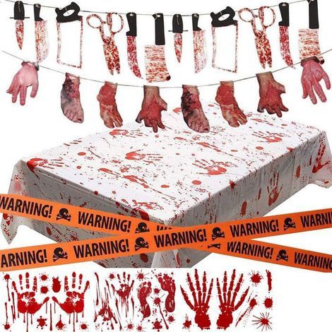 26 Pièces Décoration Halloween Effrayante -Bannière, Accrocher Fenêtre Autocollant, Nappe,Ruban Rouge et noir KIT DE DECORATION (1/5)