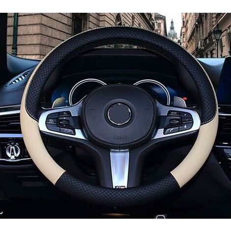 Car steering wheel cover, suitable for all seasons, beige microfiber leather steering wheel cover with wave stitching (1/5)