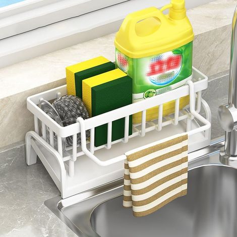 Support pour tablette en acier inoxydable, organiseur d'évier, porte-éponge de table, organiseur de cuisine (Blanc) (1/5)