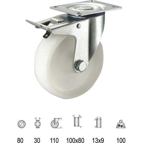 Rueda Industrial Nylon Placa con freno 80mm