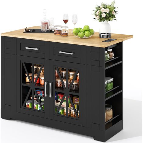 Desserte de cuisine roulante 120x65x92 cm, îlot avec table escamotable, prises intégrées et étagères - Noir