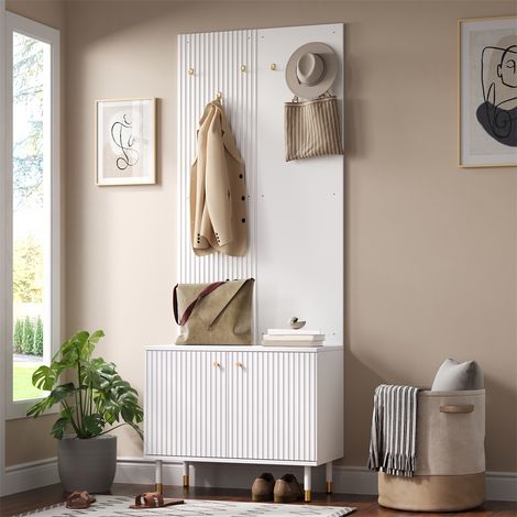 Meuble Entrée avec Range-Chaussures - 70x35x180cm - Armoire Vestiaire 6 Patères Dorées et Meuble Rangement - Blanc (1/5)