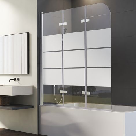 Duschwand für Badewanne 140x140 cm Badewannenaufsatz 3-teilig Duschtrennwand für Badewanne Duschwand Badewanne Faltwand Duschabtrennung Badewanne, 6mm ESG Glas mit Milchglas Streifen
