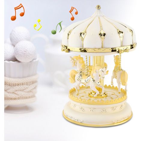 Romantisches Karussell mit drei Pferden aus Kunststoff, Spieluhr, Geburtstagsgeschenk für Kinder, Jahrestagsgeschenk (Gold) (1/5)