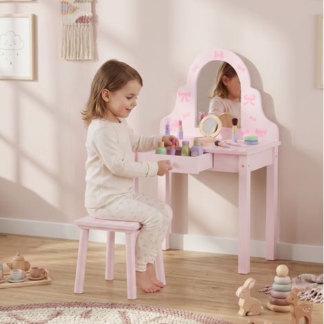 Tavolino da trucco 2 in 1 per bambini con specchio rimovibile, cassetto e sgabello, rosa DESVIAE (1/5)