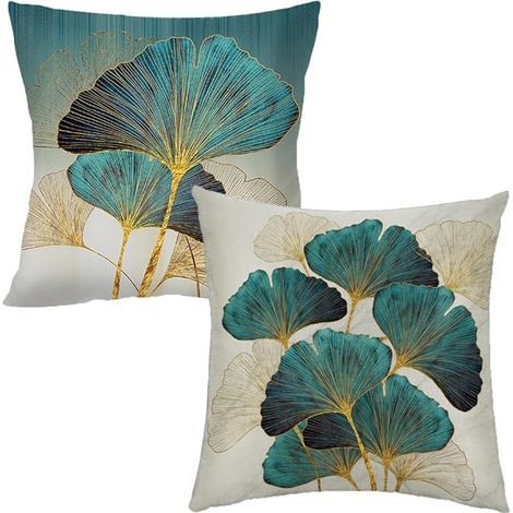Housse de coussin 2 pièces pour canapé Feuilles de plantes 18 x 18 pouces Housse de coussin Or Bleu (1/5)
