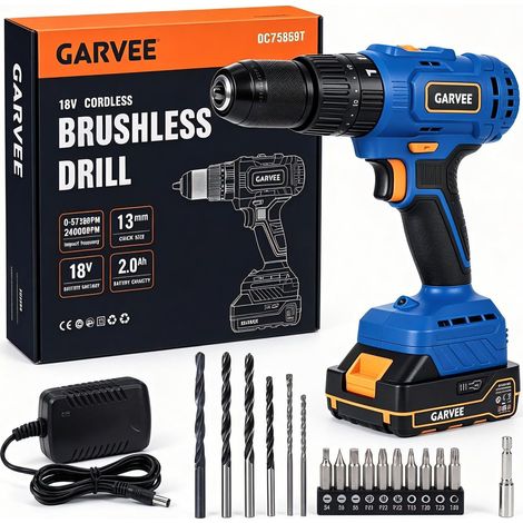 Perceuse à Percussion Sans Fil 18V 45Nm, Visseuse 2 Vitesses, Mandrin 13mm Métal, 1 Batterie 2.0Ah, Chargeur et 25 Accessoires (1/5)