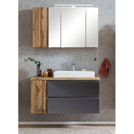 Waschplatzset inkl. Keramik-Aufsatzbecken rechts und LED Beleuchtung, Wotan Eiche Nb. mit grau matt, VASTO-03-GREY, B/H/T ca. 105/200/47 cm (1/5)