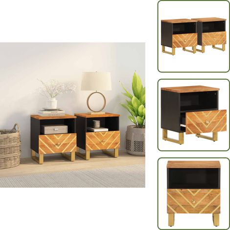 The Living Store Comodini 2 pz Marrone e Nero in Legno Massello di Mango - Comodino mango