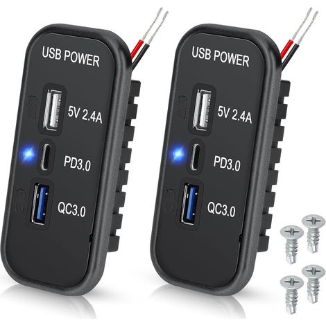 Toma USB de 12 V, puerto tipo C PD3.0, cargador QC3.0 y USB-A de 2,4 A, 3 puertos, panel de toma de carga rápida para coche/mar - 2 piezas