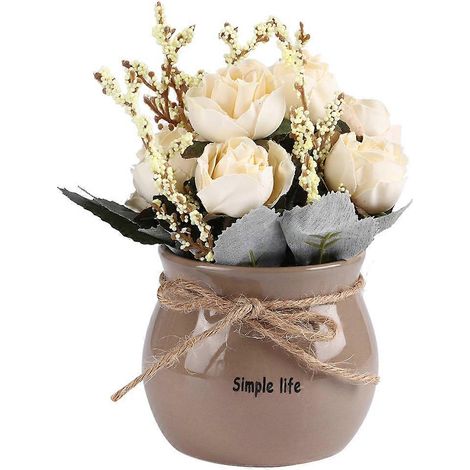 Vase en céramique blanche avec roses artificielles en soie, pot décoratif pour maison, ornement de bureau, simulation de fleurs, décoration intérieure élégante, ensemble de 1 pièce. (1/5)