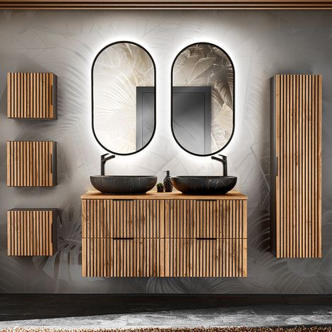 Ensemble meuble double vasque 120cm miroirs LED colonne et 3 armoires murales Gaia Bois et Noir - Vasque Noir (1/5)