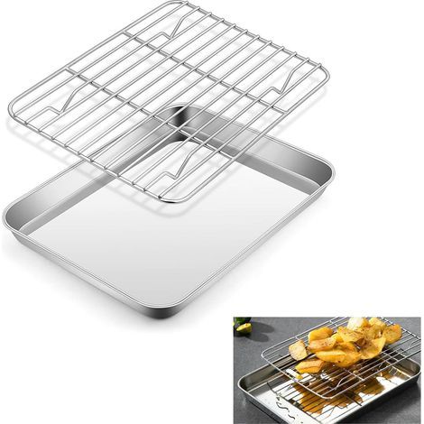 Plaque de Cuisson en Acier Inoxydable avec Grille de Refroidissement 26x20,5x2,5cm Bac Cuisson, Plaque à Pâtisserie avec Grille Plaque de Cuisson de Refroidissement, Plaque Pâtisserie et Grille (1/5)
