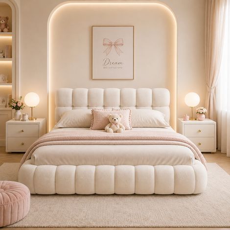 Lit double rembourré 140x200 cm avec sommier, Lit Bubble avec dossier moelleux,lit plat avec bordure, lin beige (1/5)