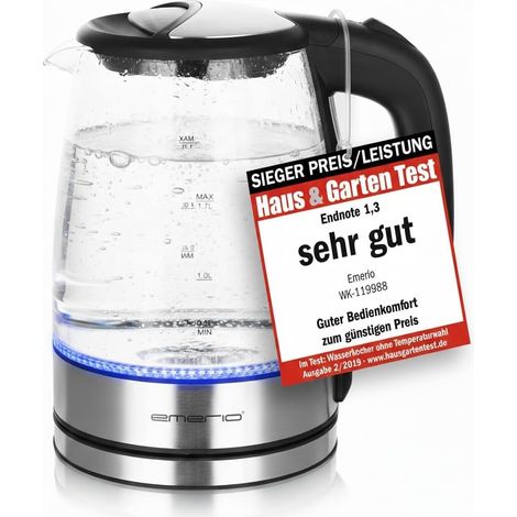 Bouilloire en verre WK-119988, 1,7 litre, 2200 watts, éclairage intérieur LED, base à 360°, gagnant du test prix/performance pour la maison et le jardin 02/2019, 1,7 litre, noir, argent (1/5)
