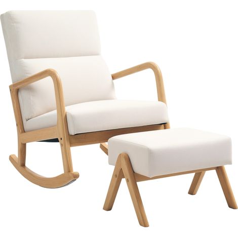 Fauteuil à bascule avec pouf, siège de relaxation en tissu crème, structure en bois, pour salon et chambre, charge 150 kg, CHICFURN (1/5)