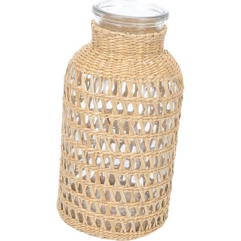 Vase à Fleurs en Verre et Rotin Tressé Jaune, Design Naturel et Créatif, Facile à Nettoyer, pour Décoration Maison et Pendaison de Crémaillère (1/5)
