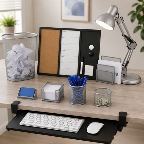 Conjunto de oficina para el hogar de estilo retro (4 piezas): lámpara de escritorio, pizarra multiusos 3 en 1, organizador de malla y bandeja para teclado (1/5)