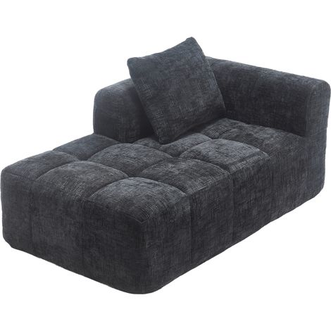 Schwarze Chaiselongue aus Chenille mit Kissen, Seitentaschen, ohne Montage (1/5)