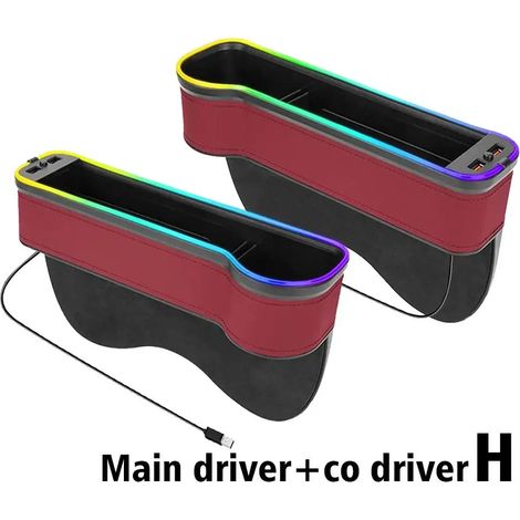 (H) Boîte de rangement pour recoins de voiture avec 2 chargeurs USB rapides, lampe d'ambiance LED, organisateur pour combler l'espace entre les sièges de voiture, accessoires intérieurs de voiture (1/5)