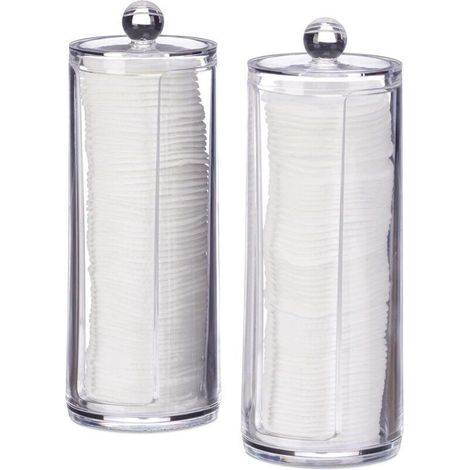Distributeur Coton, Lot de 2, boîte disques avec Couvercle, 50 par Pot, HxD: 19x6,5 cm, Transparent (1/4)