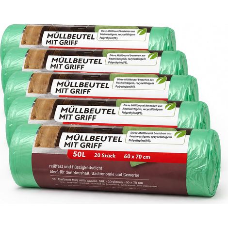 Lot de 100 sacs poubelle avec poignée, 50 l, 20 pièces par rouleau, résistants à la déchirure et aux liquides, produit et emballage recyclables (1/5)