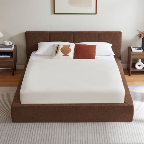 Cadre de lit 160x200 cm avec tête de lit rembourrée, cadre en acier renforcé, sans sommier à ressorts – montage simple, grande stabilité, matelas non inclus. (1/3)