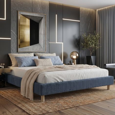 Lit adulte 140x190 cm velours côtelé bleu nuit (1/5)