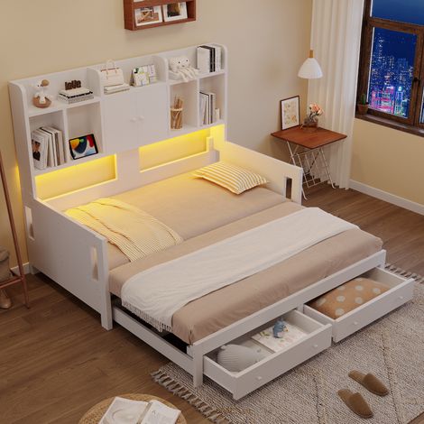 Lit banquette enfant 90x190 cm avec Lit gigogne extensible, prise intégrée, LED, 2 tiroirs et rangements étagères Bois Blanc (1/5)