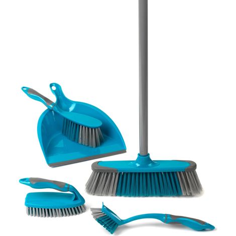 Kit de Nettoyage Deluxe avec 5 Accessoires, Ensemble Pelle et Balayette, Balai, Brosse à Récurer et Brosse à Vaisselle - Balai est idéal pour poils animaux, Turquoise (1/5)