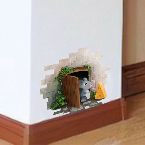 Décor mural 3D réaliste trou de souris, sticker mural animal avec souris dans un trou, art adhésif pour salon, déco maison, autocollant effet 3D, design original (1/5)