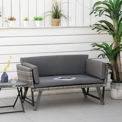 Canapé de jardin en polyrotin. 2 places. mobilier de jardin. canapé lounge. banc de jardin. chaise longue de jardin. pliable. accoudoirs. acier. gris. 129 x 63 x 67 cm