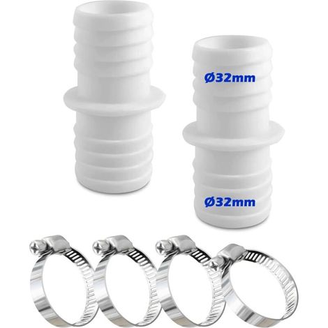 Set mit 2 x 32-mm-Schlauchverschraubungen und 4 Edelstahl-Schlauchschellen, weiß, Doppeladapter für Schwimmbecken (1/4)