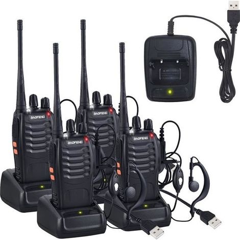 4 x Talkie Walkie Deux Voies Radio UHF 400-470MHz Walkie Talkie Avec Ecouteurs Originaux Transmetteur Portatif FM 16 Chaînes - Noir (1/4)