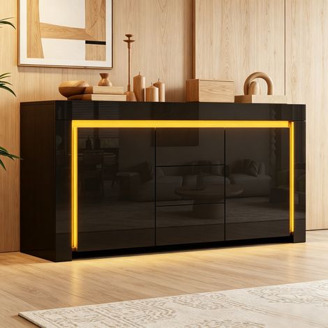 Buffet LED 140x40x65 cm avec 2 portes et 3 tiroirs, façades noir brillant, étagères réglables, MDF, noir (1/5)