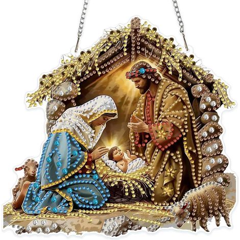 Diamant Painting Anhänger Krippe mit Kette, Fensterbild Bastelset für Kinder & Erwachsene