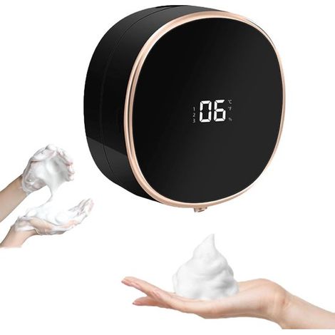Distributeur de savon automatique mural avec écran LED, capteur infrarouge sans contact, affichage de température, distributeur de mousse rechargeable USB-C, hygiénique et pratique, noir et or (1/5)