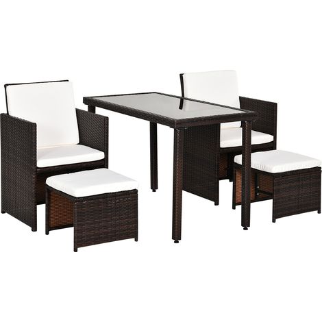 2 Seater Rattan Cube Garden Furniture Set, Rattan Dining Set with Cushions, Outdoor Dining Table Chairs with 2 Armchairs, 2 Stools, Rectangular Glass Top Table for Patio, Balcony, Brown (1/5)